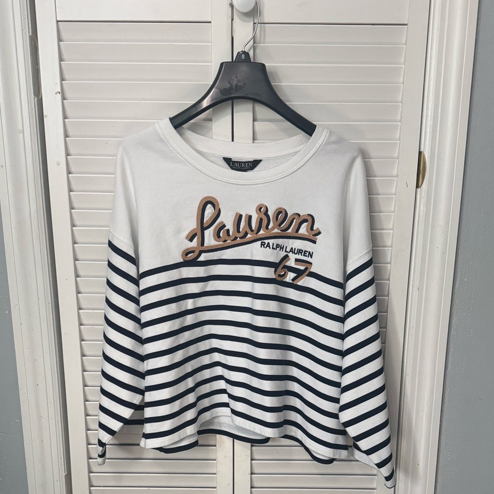 Ralph Lauren Navy and White Crewneck Striped Sweatshirt